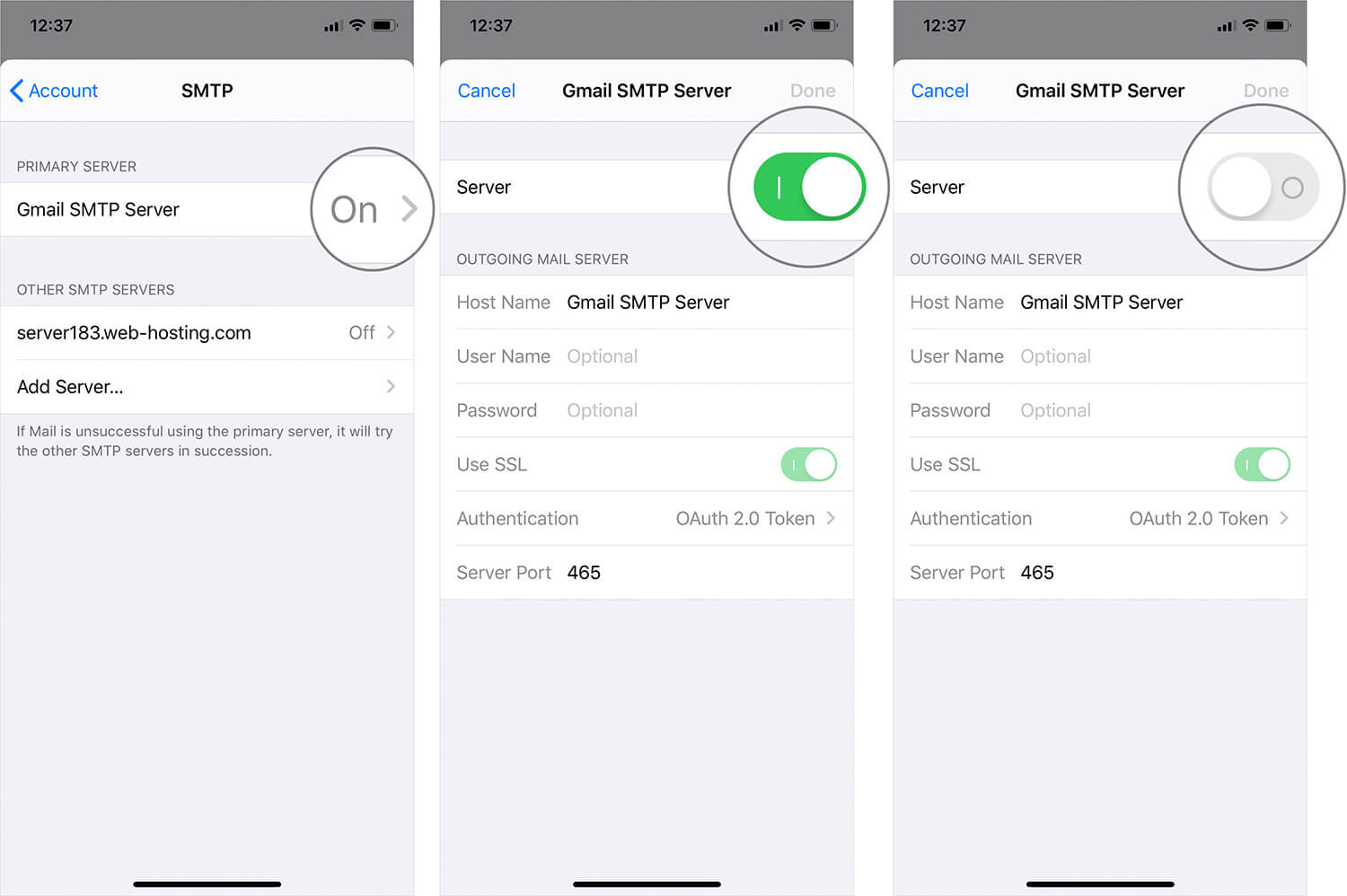Turn Off Gmail SMTP Server on iPhone or iPad