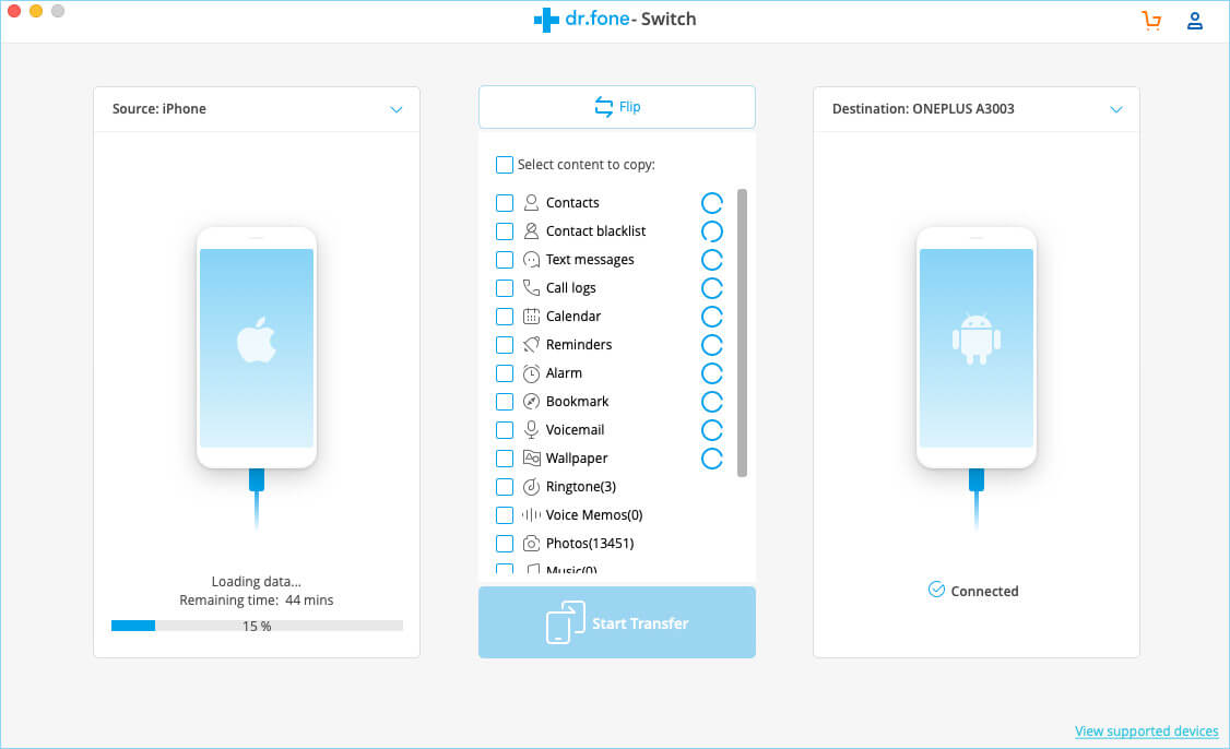 Move Data from iPhone to Android using dr.fone Switch