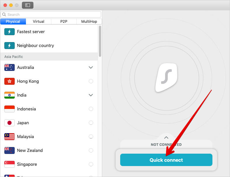 Click on Quick Connect in SurfShark VPN