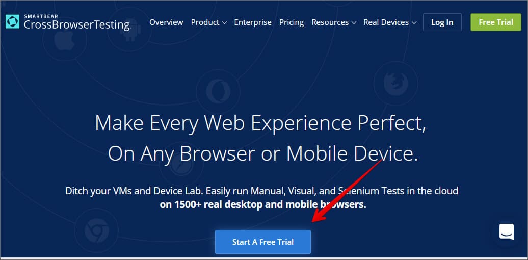 Click on Start A Free Trail to Create Account in Crossbrowsertesting Web