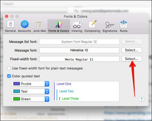 Select Fixed Width Font Option in Mac Mail App