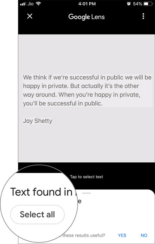 Tap on Select all to get Text from Image in Google Photos App