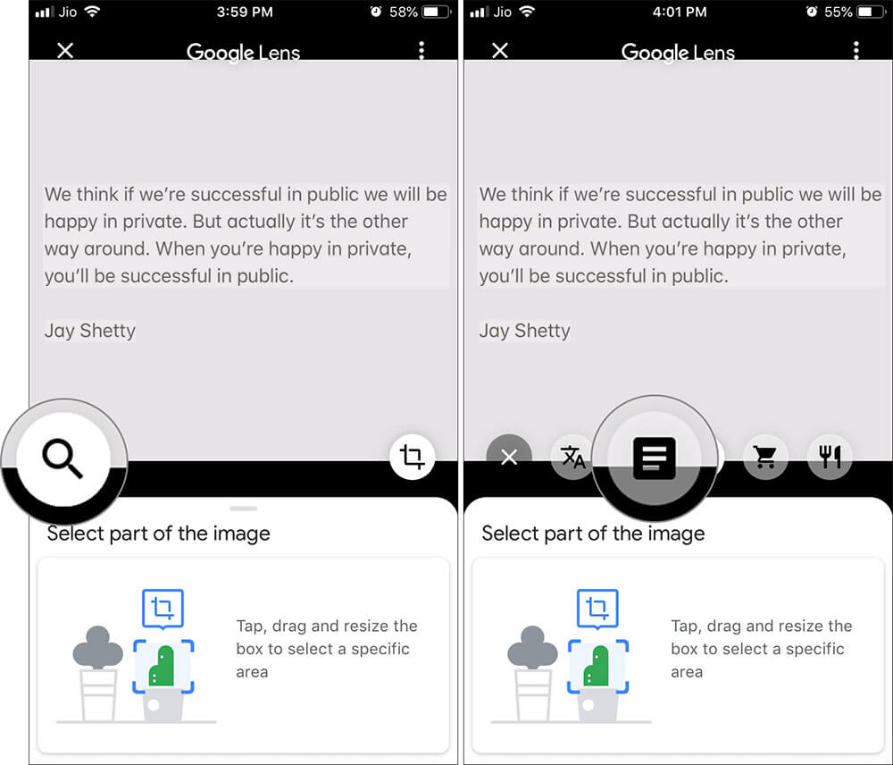 Tap on magnifier icon and then select Text Selection icon in Google Photos app