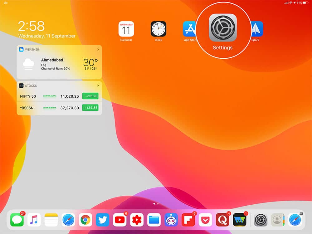 Open Settings app on iPad Pro running iPadOS 13