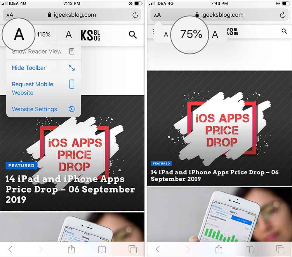 Tap on Font icon to make text Smaller in Safari on iPhone