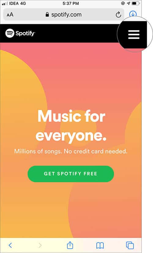 Tap on Menu in Spotify Web on iPhone