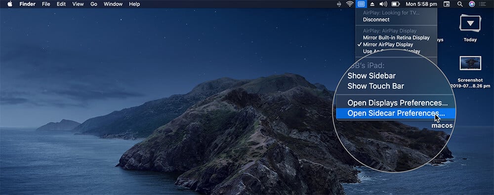 Click on Open Sidecar Preferences in Mac AirPlay settings