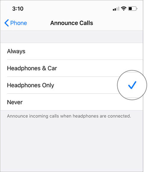 Select Headphones only to Announce Callers Name With AirPods