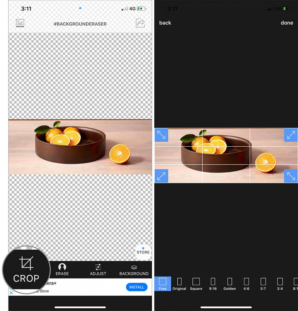 Tap on Crop icon and crop out Extraneous area in iOS Background Eraser App