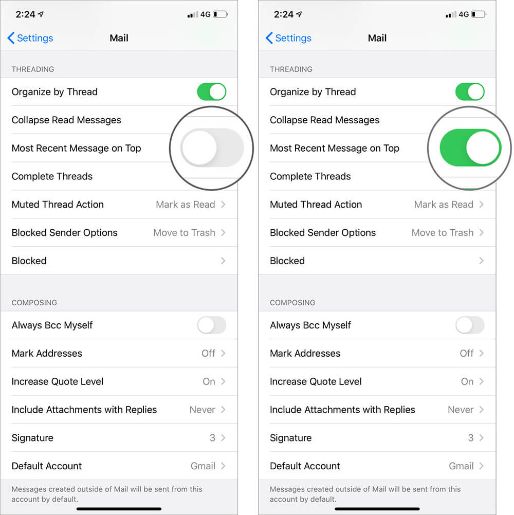 Turn ON Most Recent Message on Top in Threading Option in Mail App on iPhone