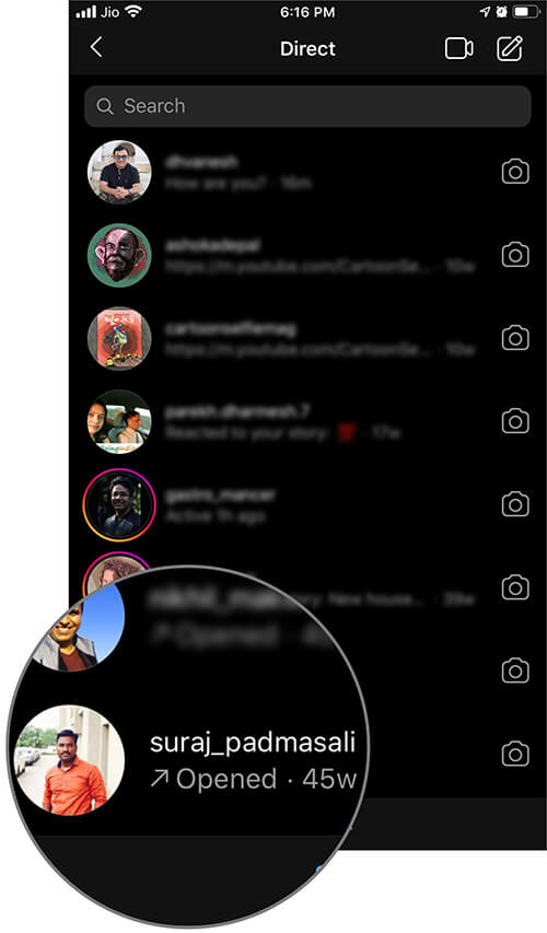 Tap on Profile to Open Messages in iOS Instagram App on iPhone