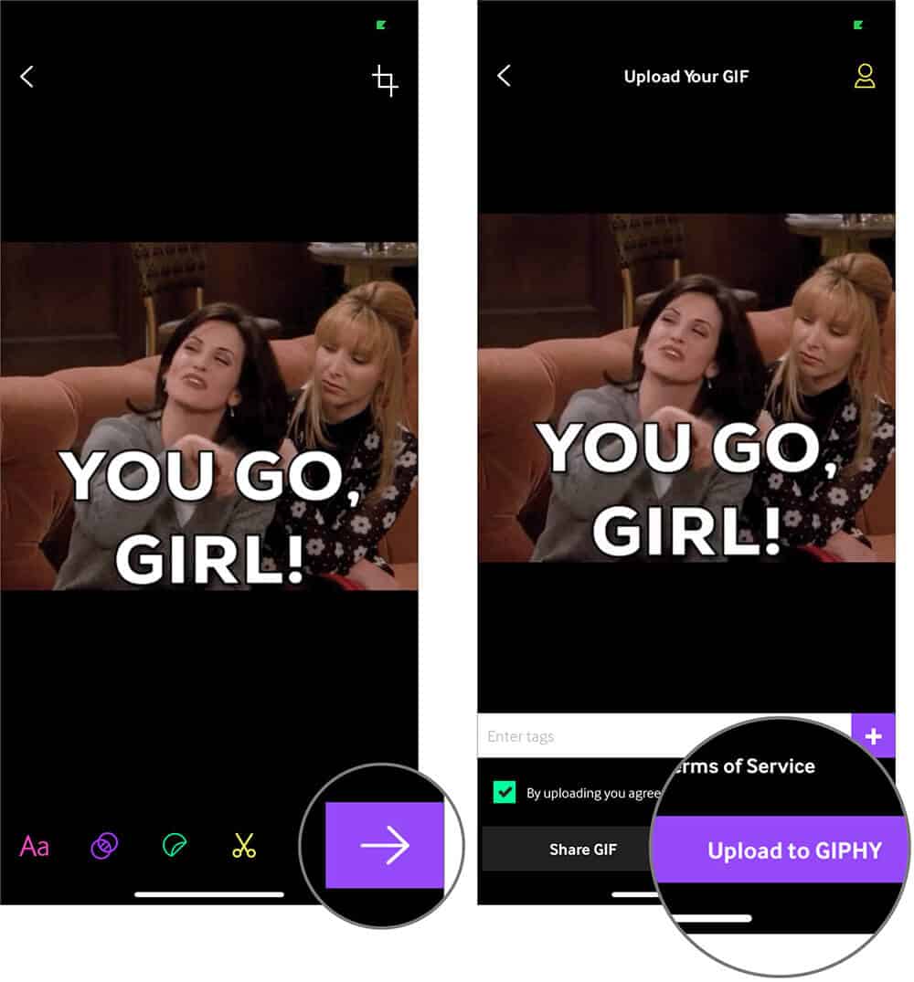 Tap on Arrow and Tap Upload to GIPHY on iPhone