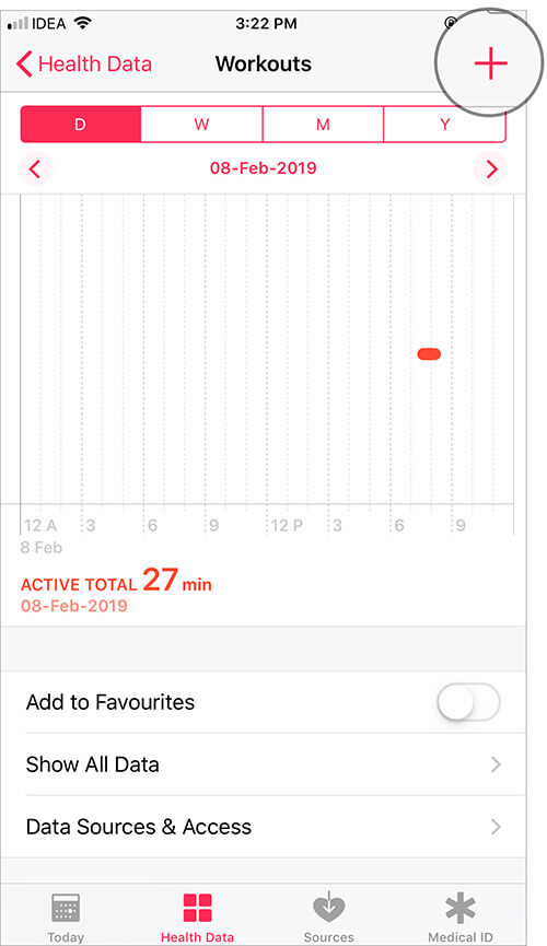Tap on Plus button Under Workouts in iOS Health App