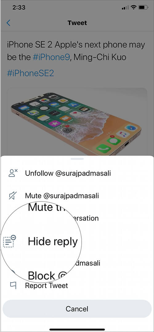 Tap on Hide reply in Twitter app on iPhone