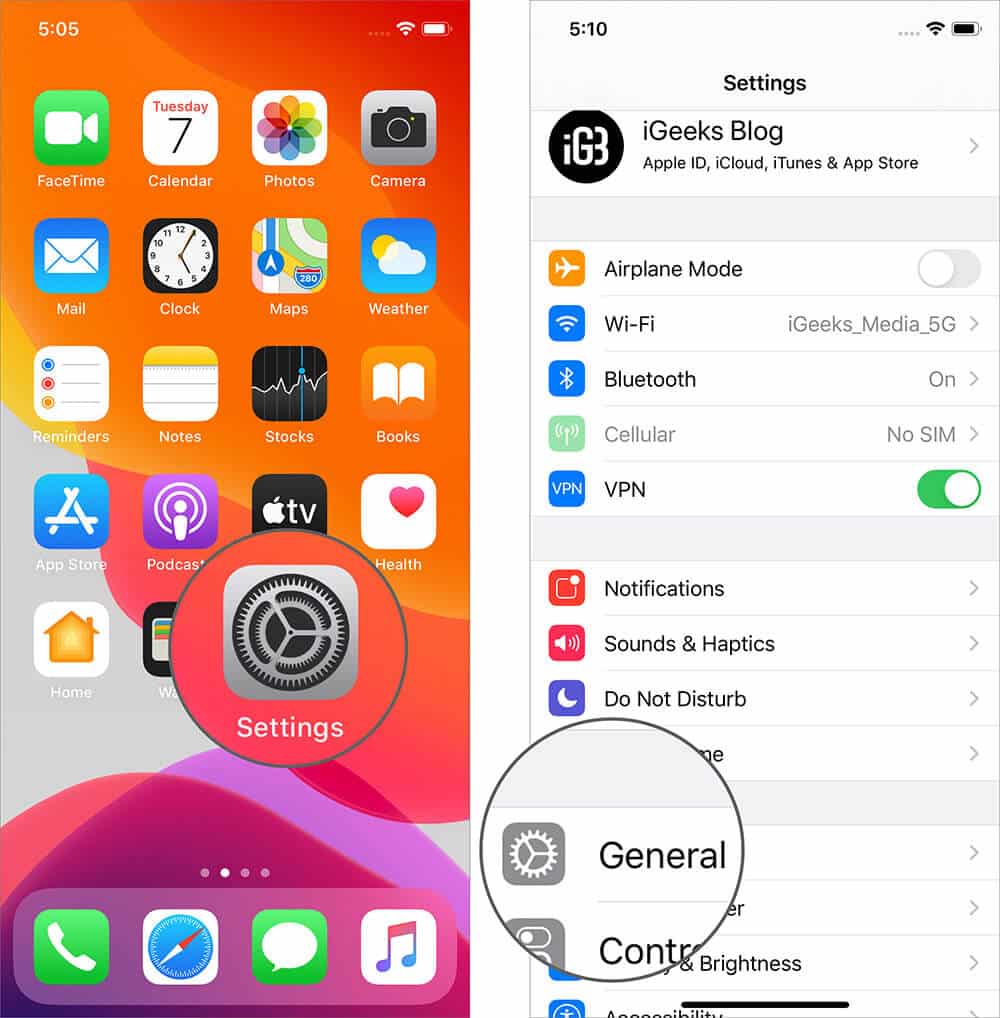 Tap on General in Setting App on iPhone