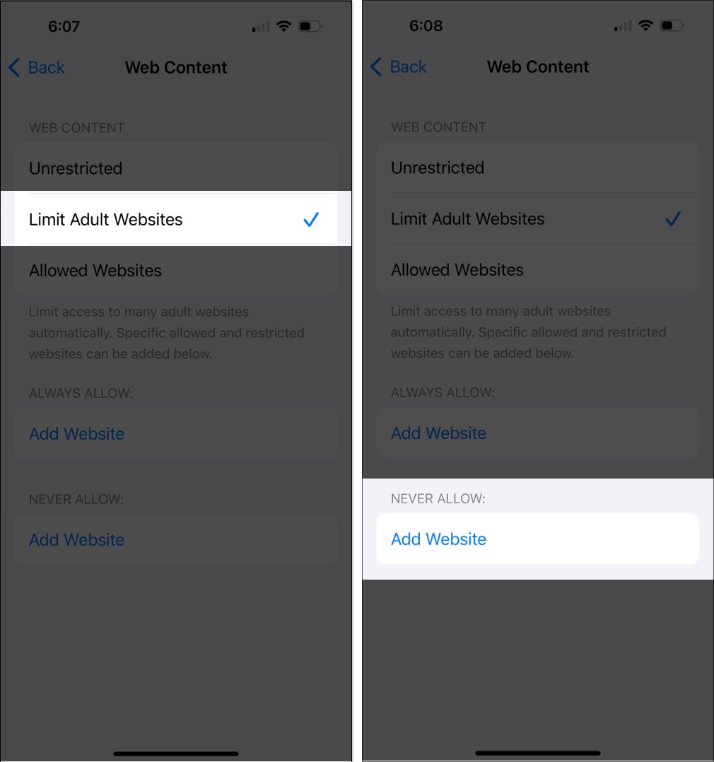 Choose Limit Adult Websites, Tap Add Website you want to block on iPhone