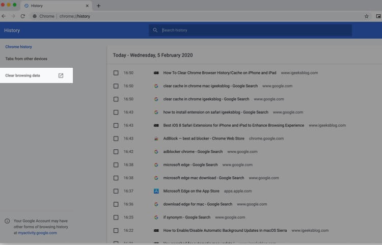 Chrome History Click on Clear Browser Data