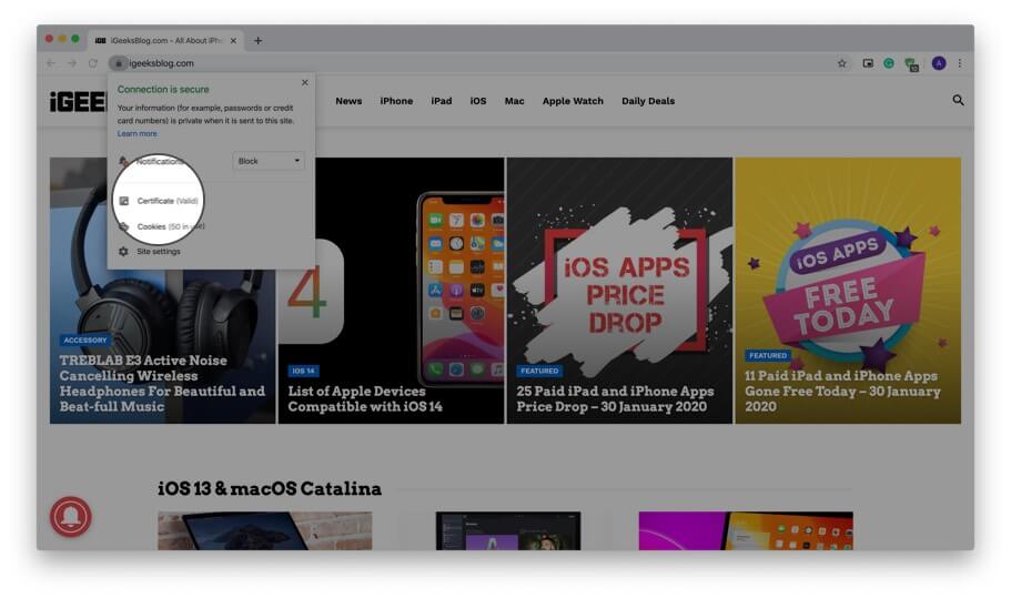 Click on Certificate from Drop-Down Menu in Chrome on Mac