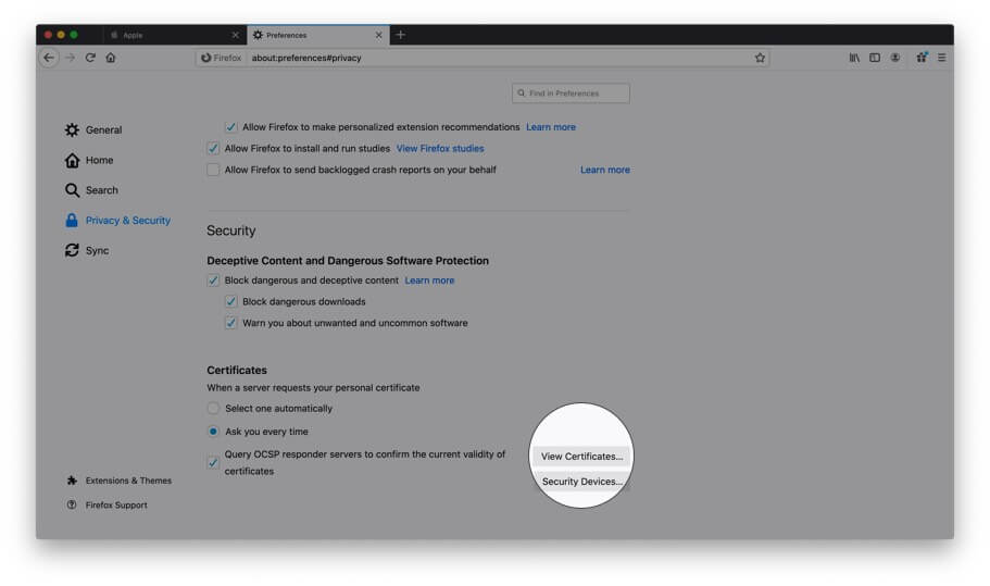 Click on View Certificates in Firefox