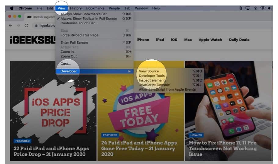 Click on View and Select Developer and Click on Developer Tools in Google Chrome on Mac