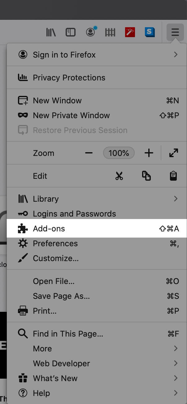 Click on three lines icon from the top right then click on Add-ons in Firefox