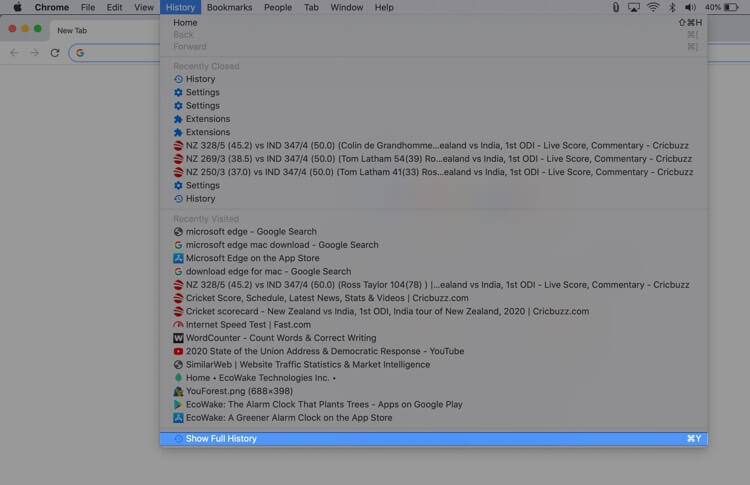 In Chrome Click On History from Menubar then Click on Show Full History