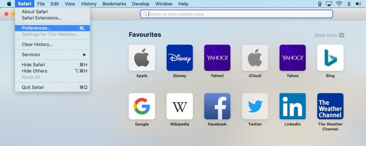 In Safari Browser Click on Safari from Menu Bar then click on Preferences