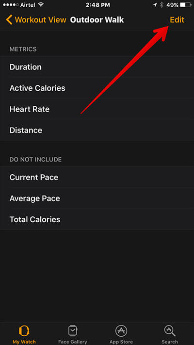 Tap on Edit in Workout on Apple Watch
