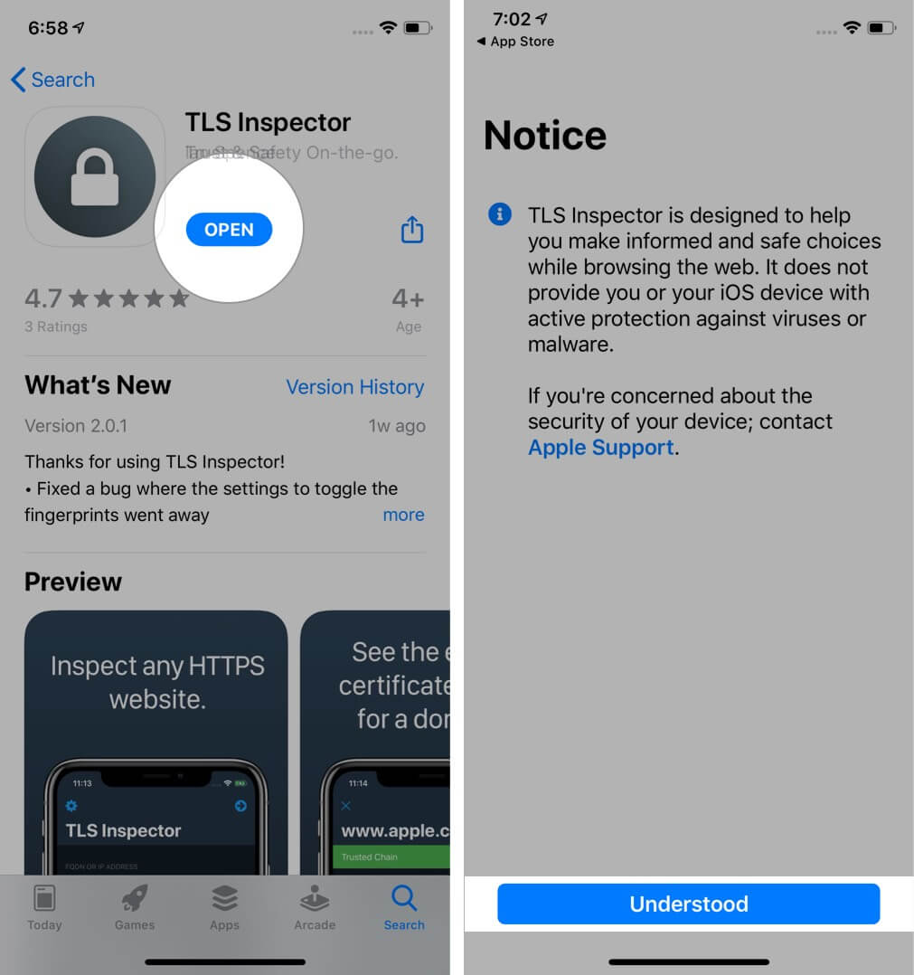 Tap on Open and Then Tap Understood to Launch TLS Inspector on iPhone