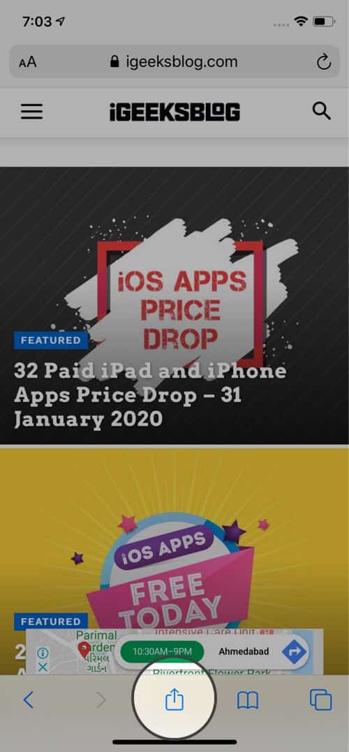 Tap on Share in Safari App on iPhone