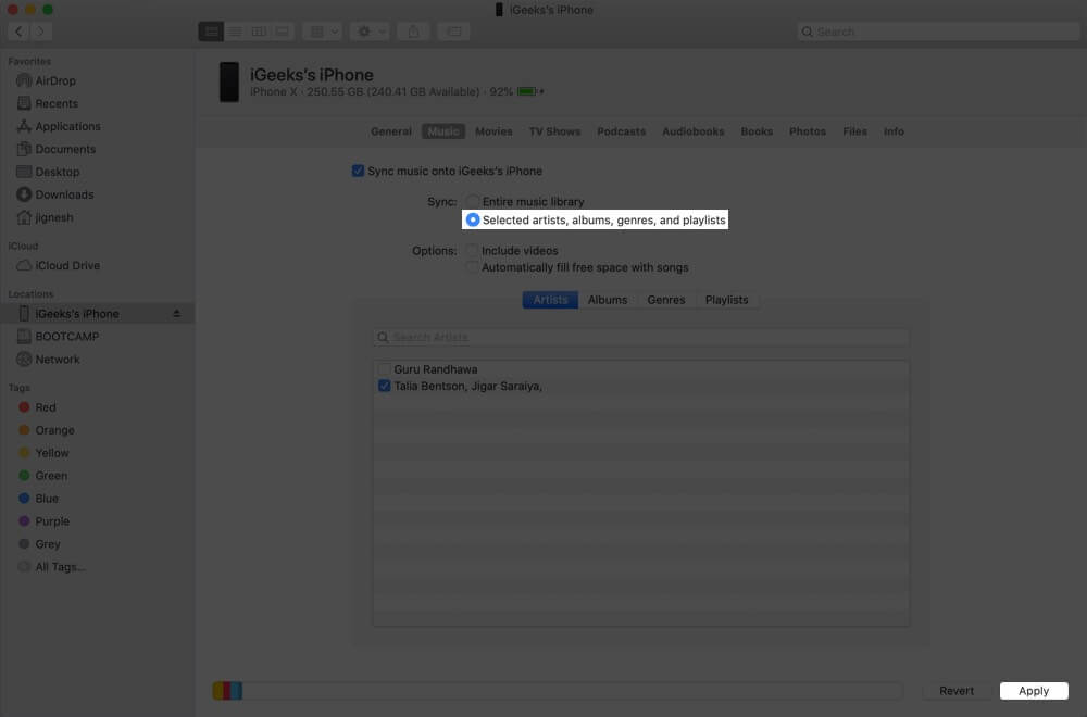 Choose Selected Artists, Albums, Genres and Playlist and Click on Apply on Mac