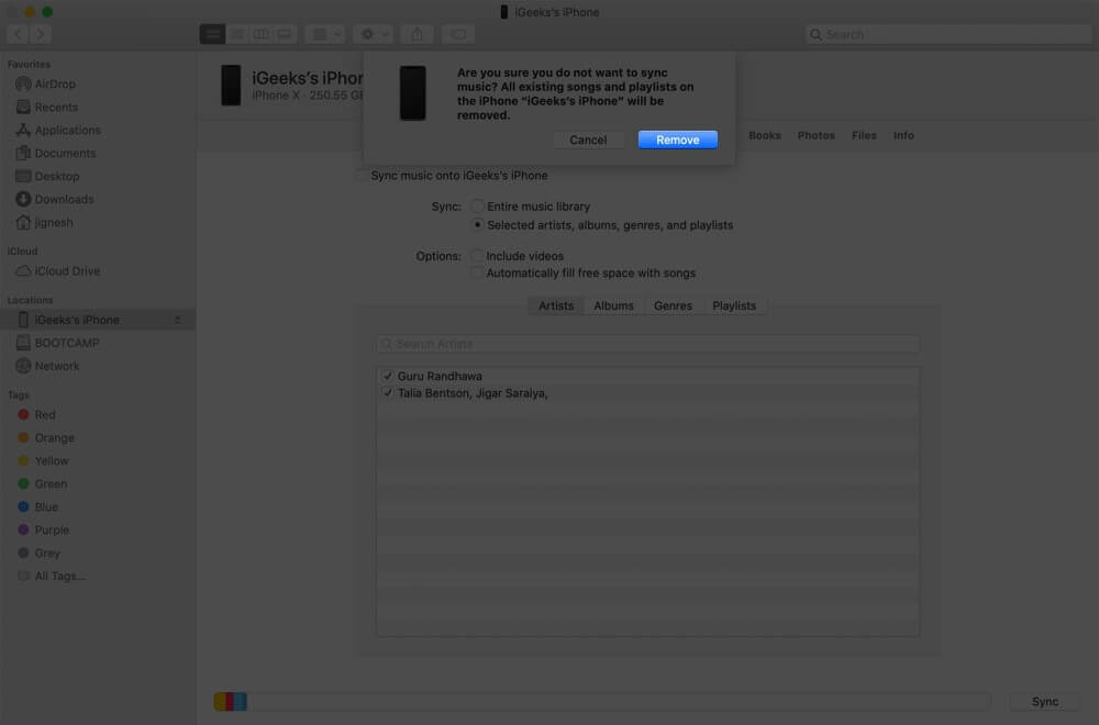 Click on Remove to Delete Music from iPhone