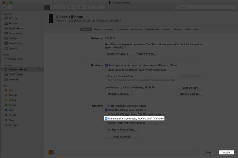 Select Manually manage music, films and TV shows and Click Apply on Mac