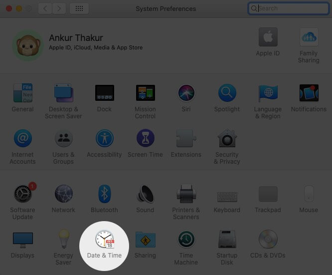 Click on Date and Time in Mac System Preferences