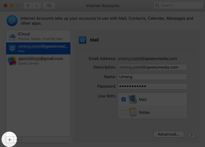 Click on Plus icon in Internet Accounts on Mac