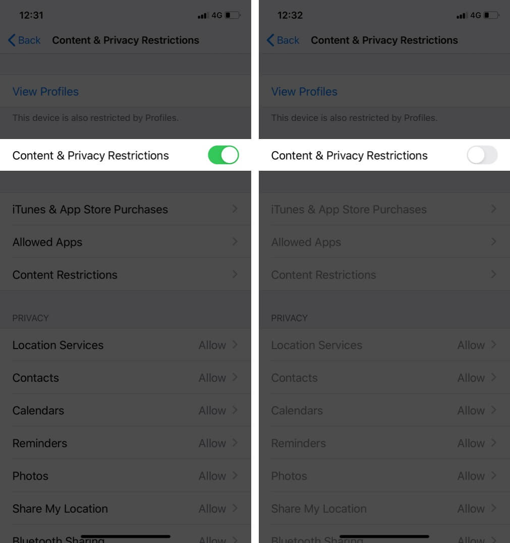 Disable Content & Privacy Restrictions on iPhone