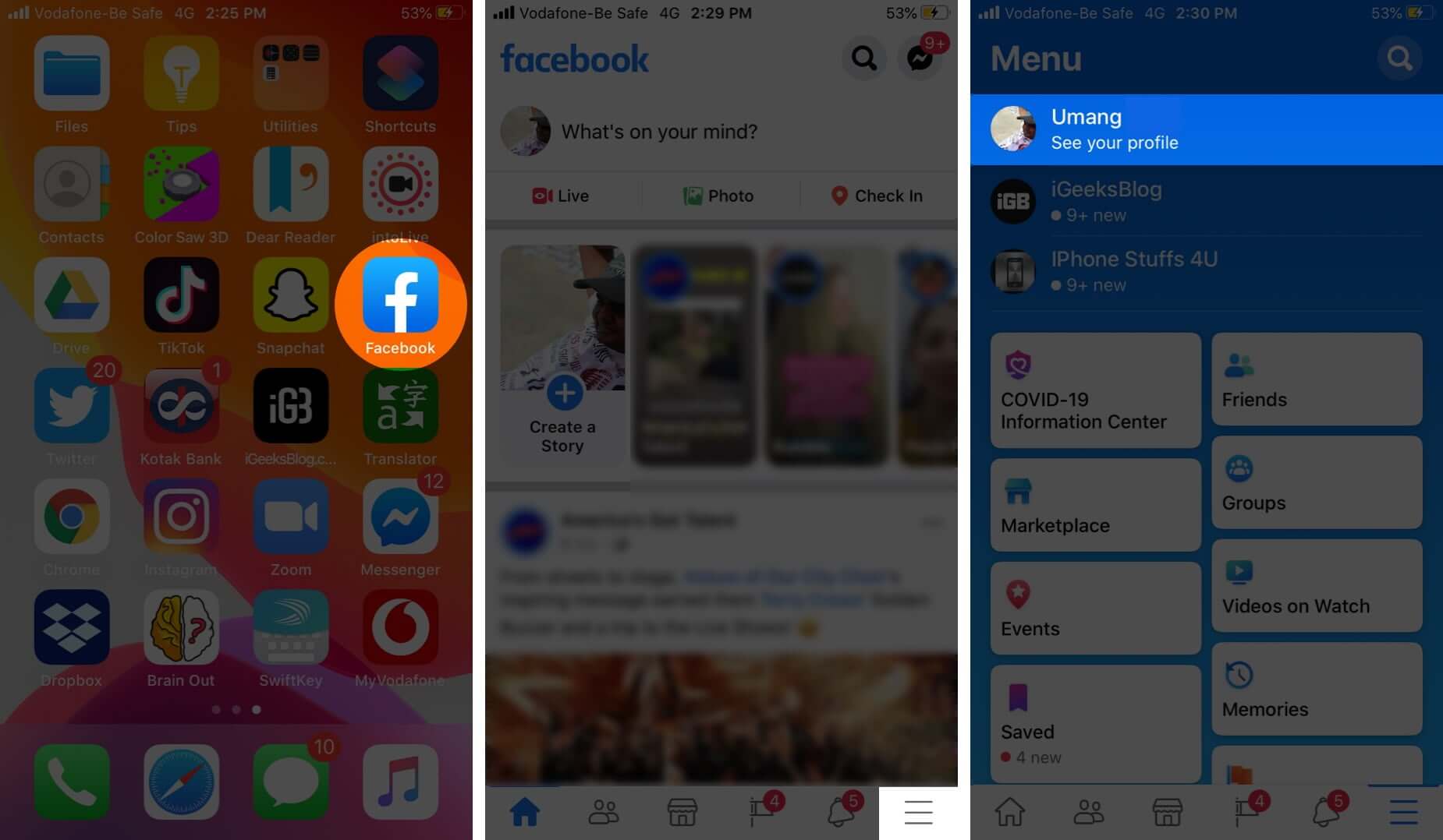 Open Facebook Tap on Menu and Then Tap on Profile