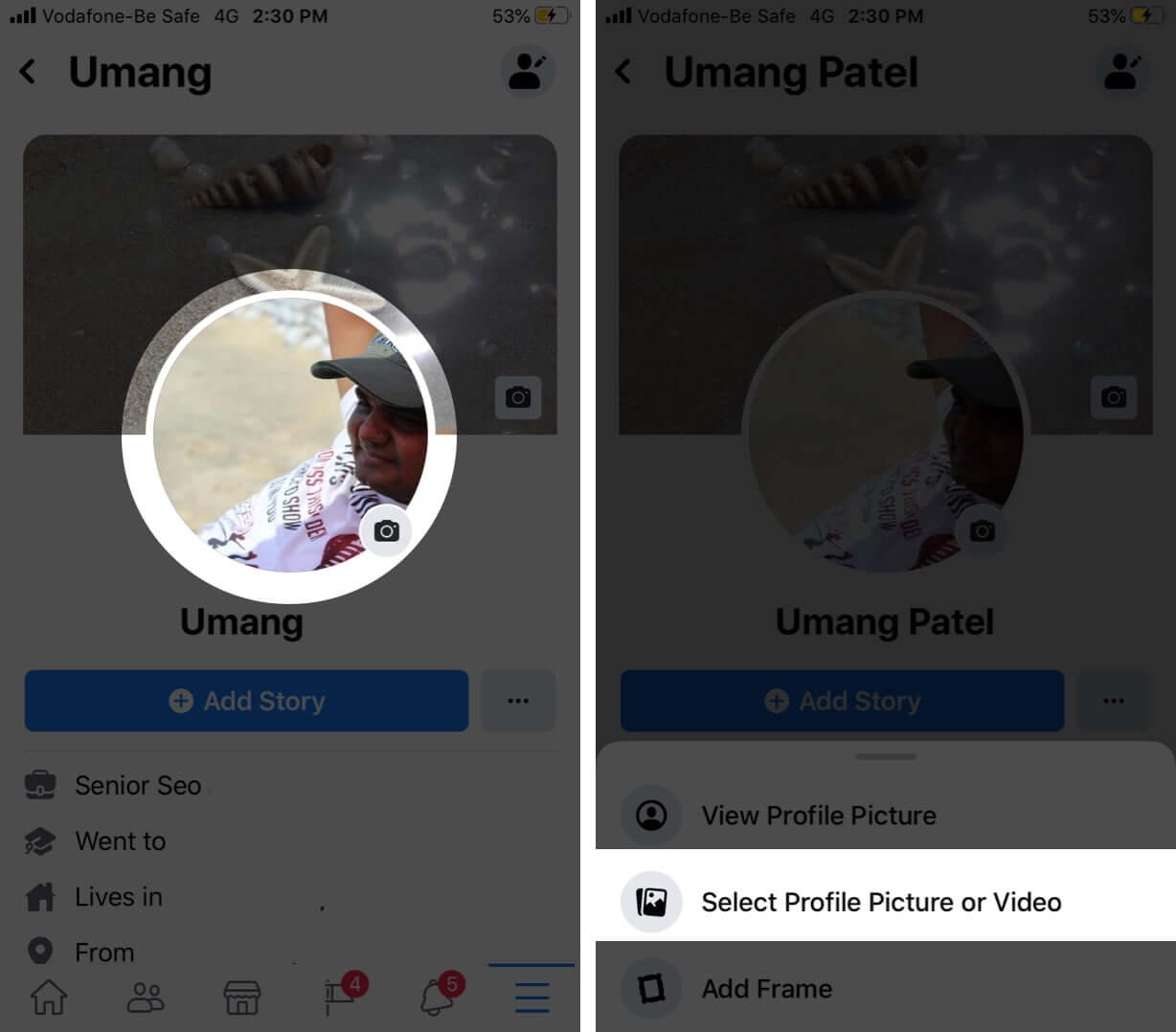 Select Profile Picture and Video in Facebook Profile on iPhone