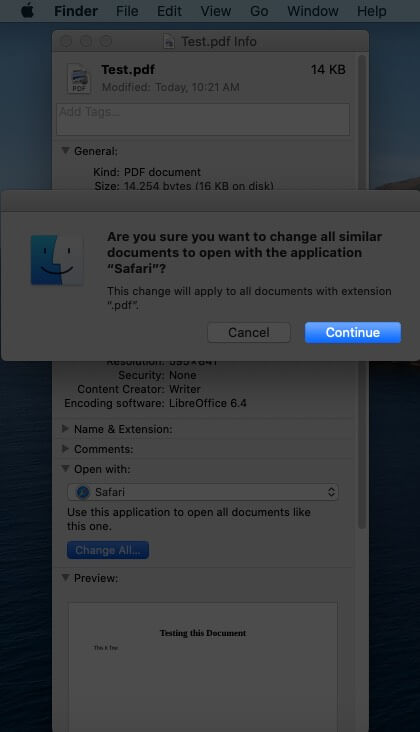 Click on Continue to Change Default PDF Viewer on Mac