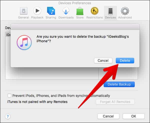Delete iDevice Backup from iTunes on Mac