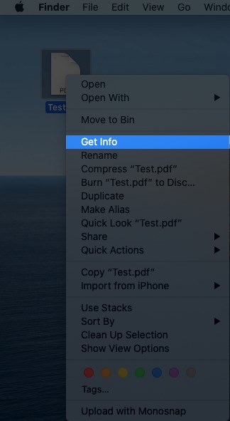 Right Click on PDF and Then Click on Get Info