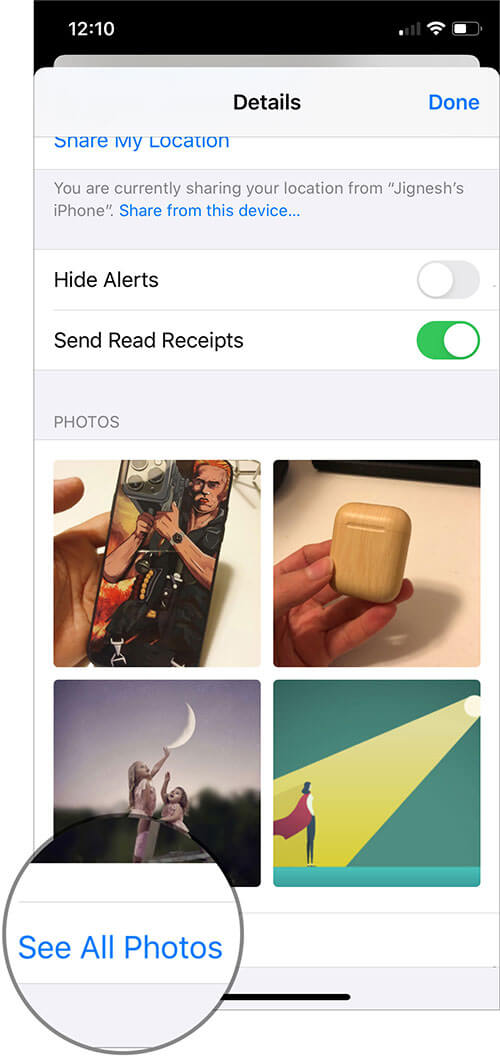 Scroll till the end then tap See All Photos in Messages App on iPhone