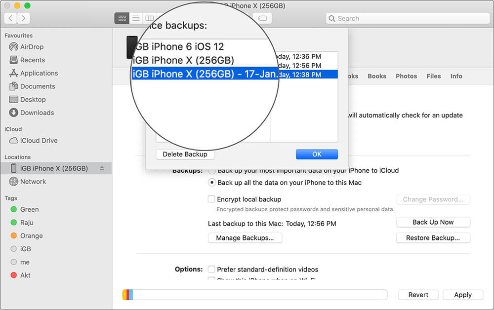 Select iPhone Backup in macOS Catalina