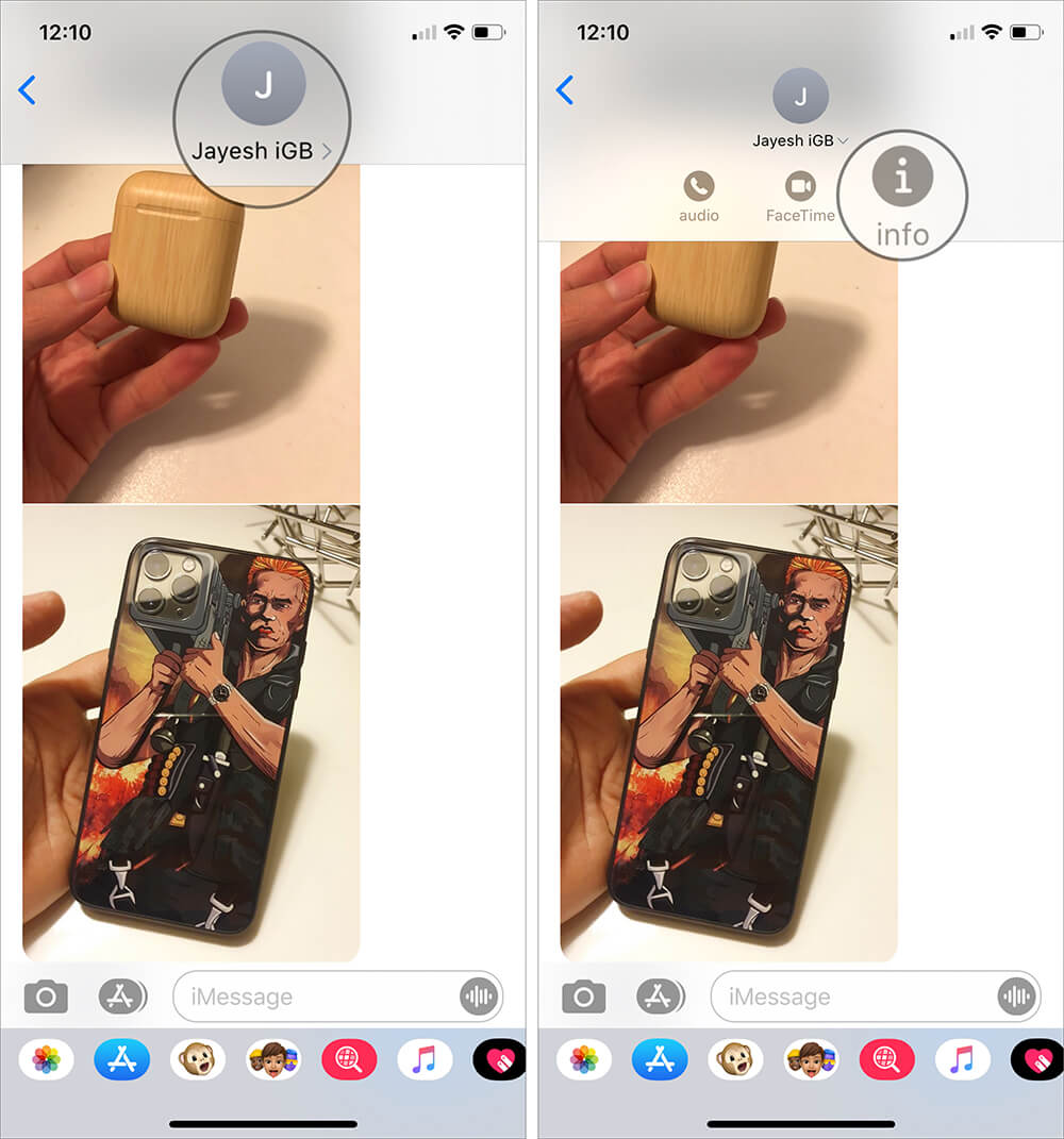 Tap name of the person then tap on info in Messages App on iPhone