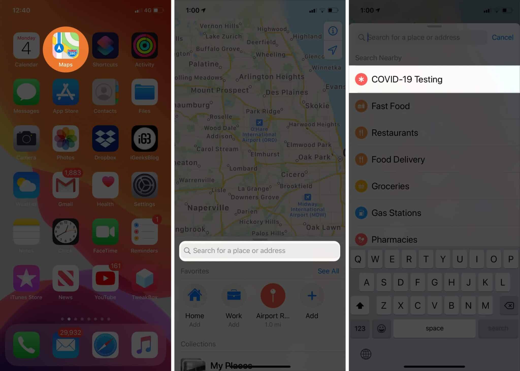 Tap on Covid-19 Testing in Apple Maps
