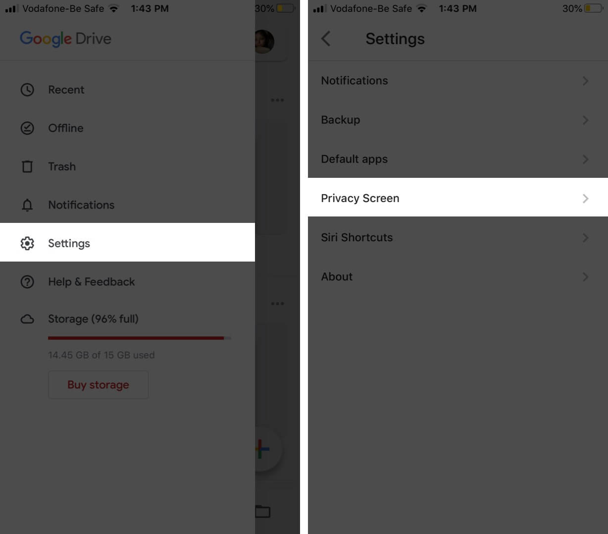 Tap on Settings and Then Tap on Privacy Screen in Google Drive on iPhone