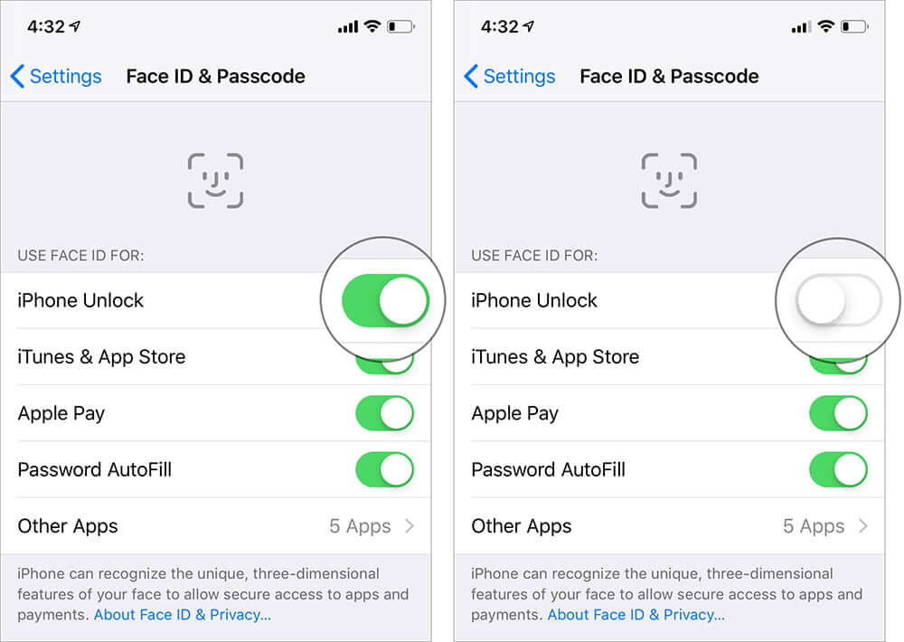 Turn Off the switch next to Face ID on iPhone