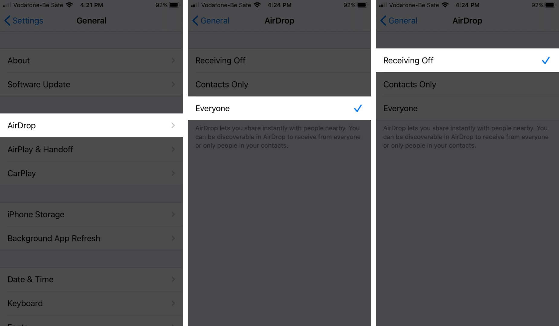 Disable AirDrop from iPhone Settings