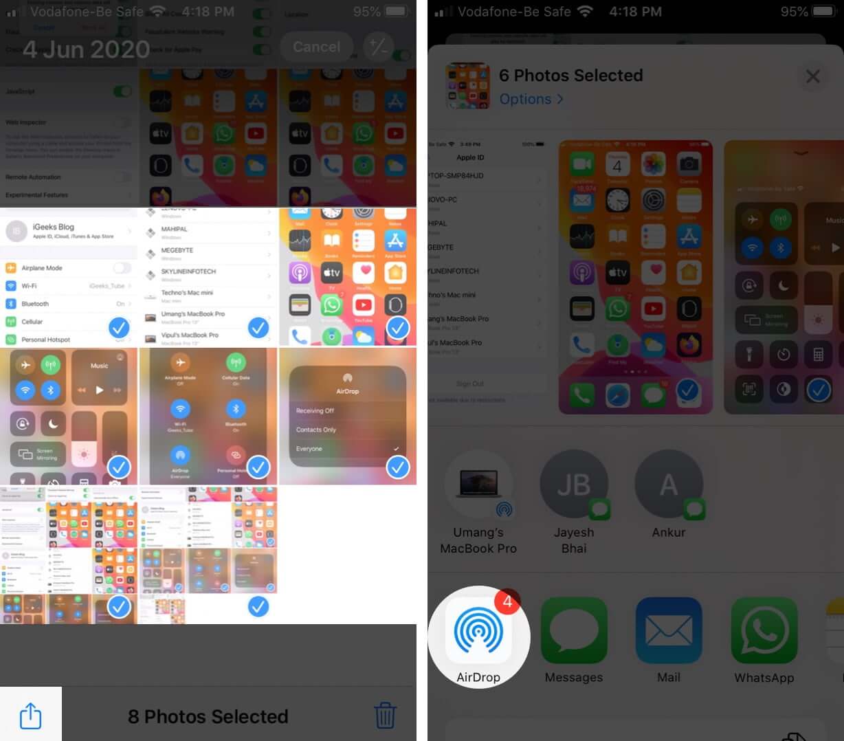 Select Images Tap on Share and Then Tap on AirDrop