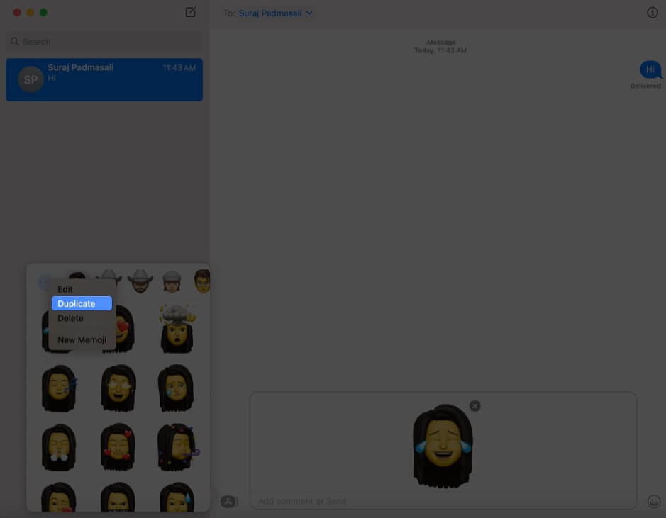 click on duplicate to create duplicate memoji in macos big sur